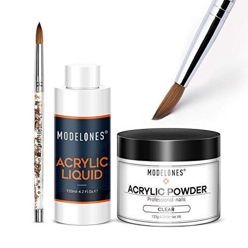 Modelones Acrylic Powder Kit Bundle with Kolinsky Acrylic Nail Brush and 4.23 OZClear Acrylic Powder 4.23 OZ Liquid Monomer Kit for Nail Extension No Need Nail Lamp Fas-tDry Powder MMA Free Liquid