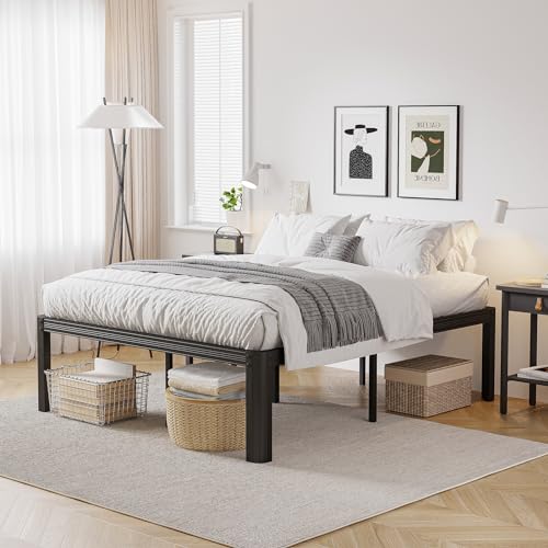King-Bed-Frames-18-Inch-High-Bedframe-No-Box-Spring-Needed-Heavy-Duty-Steel-Slats-Platform-Mattress-Base-4500lbs-Weight-Capacity-Reinforced-Metal-Frame-Noise-Free-Easy-Assembly-Black King Bed Frames 18 Inch High Bedframe No Box Spring Needed Heavy Duty Steel Slats Platform Mattress Base 4500lbs Weight Capacity Reinforced Metal Frame Noise Free Easy Assembly Black