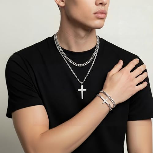 Kingdder 4 Pcs Cross Necklace and Bracelet Set for Men Sturdy Stainless Steel Cuban Chains with Message Card Gift Box Layered Christian Jewelry Gift for Boyfriend Dad Son Baptism - Image 6