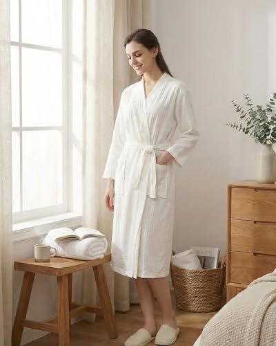 Image of Jecery Waffle Bathrobe and Slippers Bulk Set Spa Robes Hotel Bath Lightweight Thin Commercial Soft for House Shower Party