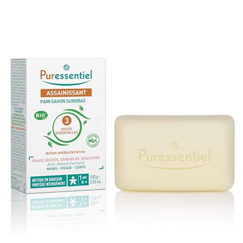 Puressentiel - Assainissant - Savon Pain Surgras aux 3 Huiles essentielles BIO - Visage, Mains et Corps - Peaux Sèches, Sensibles et Réactives - Nettoie et Protège - Antibactérien - 100 g