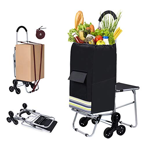 Klvied Folding Shopping Cart for Groceries, Heavy Duty Stair Climber Cart with Tri-Wheel, Metal Utility Trolley Dolly with Foldable Chair, Bigger Waterproof Shopping Bag, Adjustable Elastic Rope - Thumbnail 7