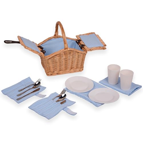 UNUS® Picknickkorb für Kinder rechteckig aus Weide mit Stoffauskleidung blau, Komplettset für 2 Personen mit Besteck, Tellern und Bechern, tragbarer Weidenkorb für Picknick und Ausflüge