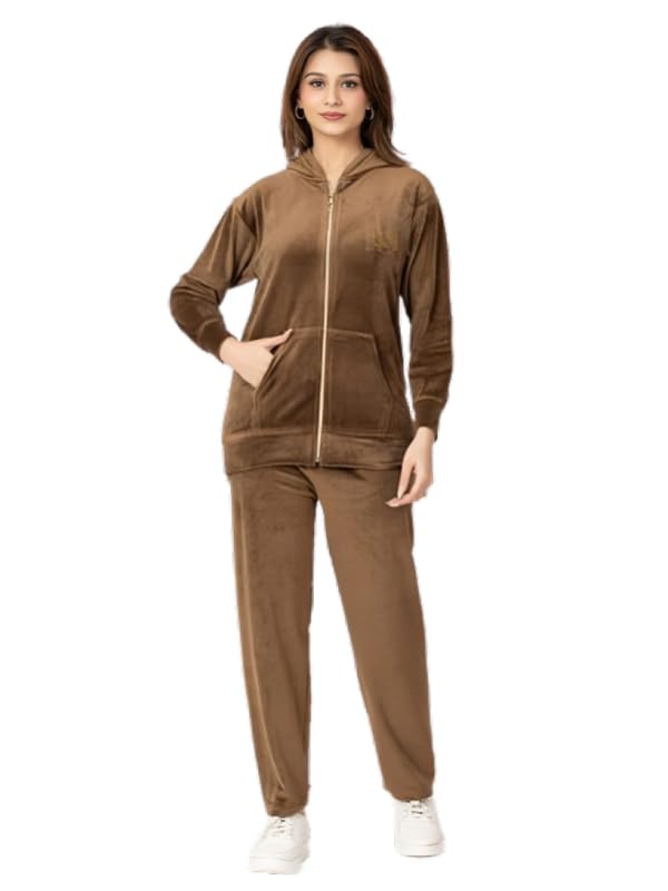 us reload Women Velvet Tracksuit Set | Full Zip Jacket with Pockets & Elastic Waist Pants | Soft Winter Wear Co-ord Set for Casual, Travel & Loungewear | Brown Color, Comfortable Fit-picture-44