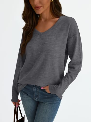 Image of AUTOMET Women's Long Sleeve Oversized Tshirts V Neck 2025 Cotton Tops Lightweight Pullover Casual Basic Tees