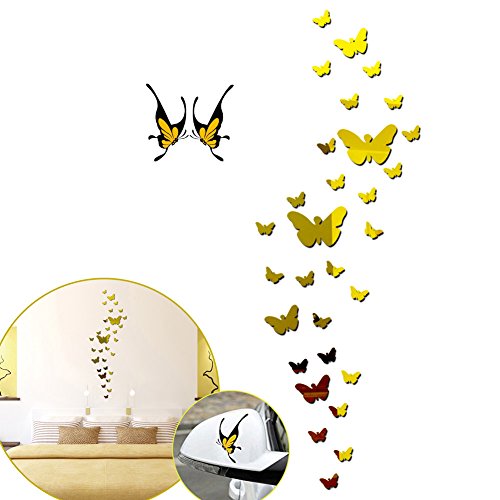 SwirlColor Acrylique Miroir Autocollants 3D Stickers Muraux 36 pcs Amovible Papillon Art Miroir Stickers Muraux Papillon Combinaison Maison Art Decal Décoration d'or