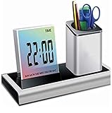 Aibote Digital Pen Holder Desk Alarm Clock with Calendar Timer Thermometer LED Lights LCD Display for Home Office Bedroom