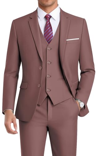 WEEN CHARM Suits for Men,3 Piece Slim Fit Suit Set with 2-Button Blazer,Vest,Pants,Tuxedo for Wedding,Prom,Party,Business Dusty Pink