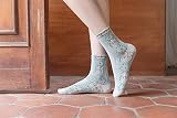 MarJunSep Cute Floral Crew Socks for Women Teen Girls Flower Cottagecore Frilly Vintage Fancy Cotton Socks Blue Flower Palace Socks
