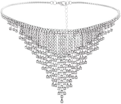 Sethexy Tassel Crystal Necklace Silver Sparkly Rhinestone Chocker Fringed Wedding Nightclub Necklace Jewelry Accessories for Women and Girls