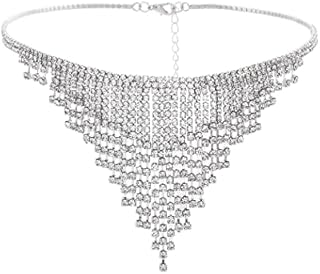 Sethexy Tassel Crystal Necklace Silver Sparkly Rhinestone Chocker Fringed Wedding Nightclub Necklace Jewelry Accessories for Women and Girls