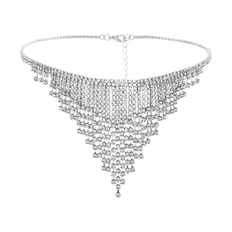 Sethexy Tassel Crystal Necklace Silver Sparkly Rhinestone Chocker Fringed Wedding Nightclub Necklace Jewelry Accessories for Women and Girls Cover