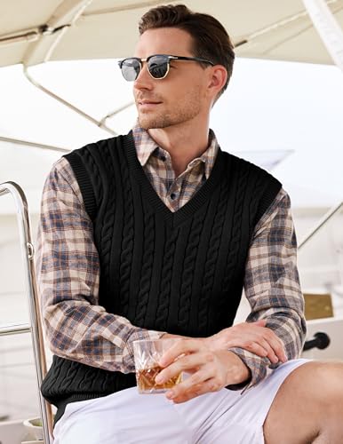 JMIERR Men's Sweater Vests Causal Sleeveless Cable Striped Knit V Neck Pullover3