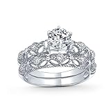 Vintage Style Round Solitaire Milgrain AAA CZ Engagement Wedding Band Ring Set For Women .925 Sterling Silver