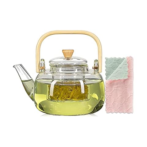 1000ml Glass Teapot with Glass Infuser, Teapot with Strainer for Loose Tea, Safe On Stovetop, Tea Pot with Bamboo Handle Cover