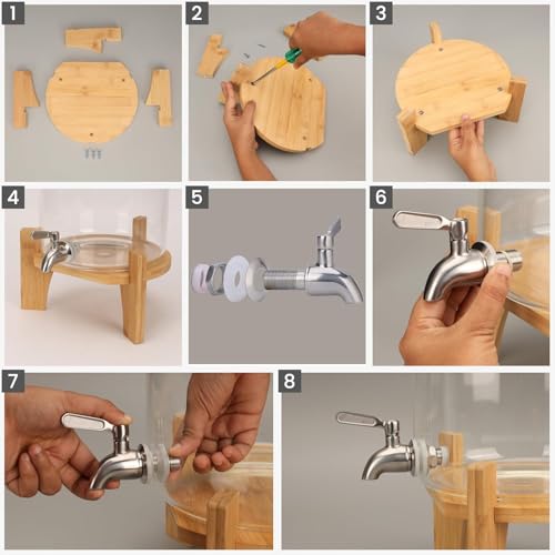 Image of 3 LTR Borosilicate Glass Detox Water jug Dispenser with Wooden Stand, Clear Glass Drink Dispenser with Tap for Water, Juice, Cocktails, Detox Drinks, Parties & Home Use | Pack of 1