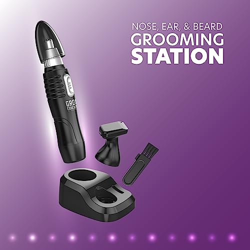 Groom Essentials 6 Pc Mens Grooming Kit | Battery Operated Ear & Nose Hair Trimmer For Men |Eyebrow Trimmer, Mustache Trimmer & Beard Trimmer For Men |Includes Pedestal Stand & 2 Interchangeable Heads #TOP1