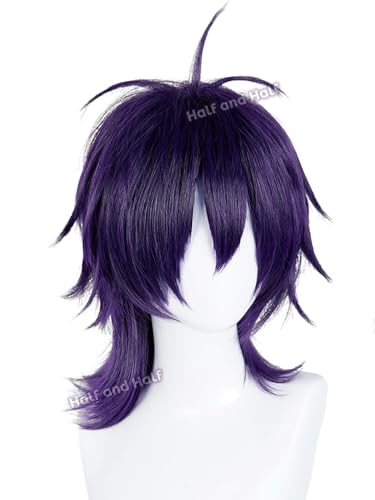Image of Half and Half Dark Purple Wolf Cut Wig for Narancia Cosplay, Short Black Purple JJBA Anime Wigs with Bangs 16.5'' Shoulder Length Spiky Layered Wigs for Men Women Halloween Party Daily