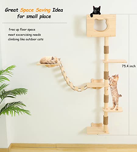 Cat Tree House With Hammock Wall Mount Cat Shelf Climbing Tall Activity Tower Solid Wood Indoor Cat Wall Furniture 75 Inch #TOP3