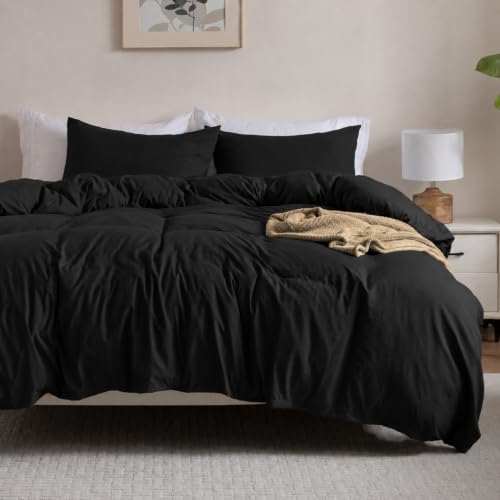 Image of Soft Washed Black Duvet Cover Set Queen Size, 2 Pillow Shams, No Comforter | Prewashed Microfiber, 4 Corner Ties, Button Closure, Ultra Soft, Cotton-Like, All Seasons, Queen Duvet Cover 90x90 in