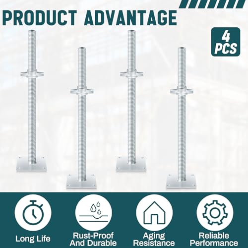Image of Zonon 4 Pack 24inch Adjustable Leveling Jacks Scaffolding Hollow Screw Jacks with Base Plate for Baker Style Scaffolding Baker Scaffold
