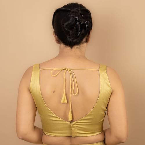 Image of FIGURE'S DESIGNER Women's Dupion Raw Silk Sleeveless V Neck Sabyasachi Cut Readymade Saree Blouse Padded Stitched S4