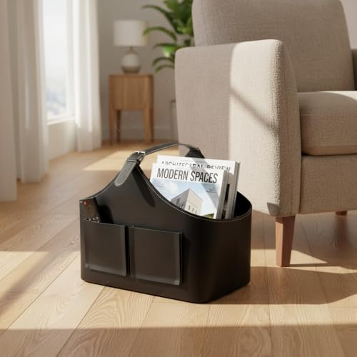Miniatura 3 de Rocking Gifts Revistero De Polipiel Negro Con Bolsillos, Cesta Con Asas Cuero Sintético Para Almacenaje Salón Y Sofá, 38 Cm