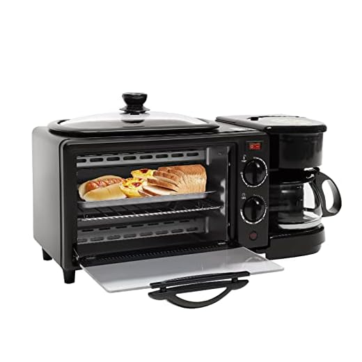 Máquina de desayuno 3 en 1, multifunción, incluye horno de 9 L, placa de parrilla y cafetera de 0,6 L, mini horno con sartén para preparar café, sándwiches, tartas