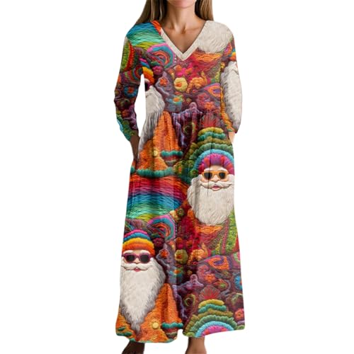 Robe longue ample à manches longues et col en V imprimé graphique pour femme