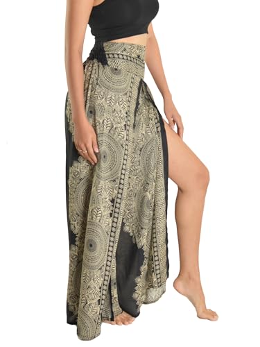 Orient Trail Calça feminina Palazzo com fenda e perna larga, casual, boho, hippie, boêmia, pilates,