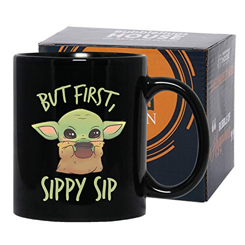 Movie Coffee Mug - But First Sippy - The Green Baby Alien Space Child Mando The Force Jedi Lightsaber Darth Skywalker TV Series Science Fiction