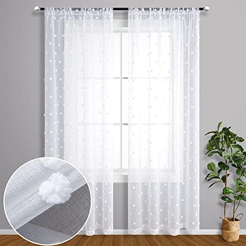 White Boho Curtains 96 Inches Long for Living Room Set 2 Panels Pocket Semi Sheer Pretty Crinkle Pom Dot Floral Curtains for Front Windows Aesthetic Bedroom Girls Decorations Decor 8 FT Floor Length