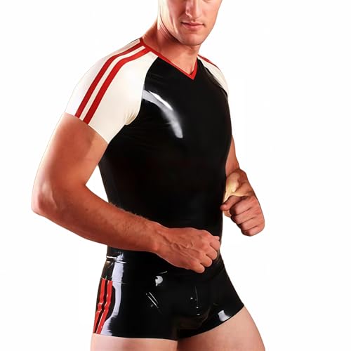 Fashion Latex Short sleeve suit,Black and Red Short Sleeves Latex Top Shirt and Latex Boxer Shorts (Black, white and red stripes, M)