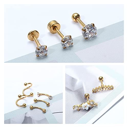 Ubjuliwa 27Pcs 16G Cartilage Earrings Stud Hoop For Women Stainless Steel Forward Helix Piercing Tragus Earrings Conch Piercing Jewelry Gold Tone #TOP4