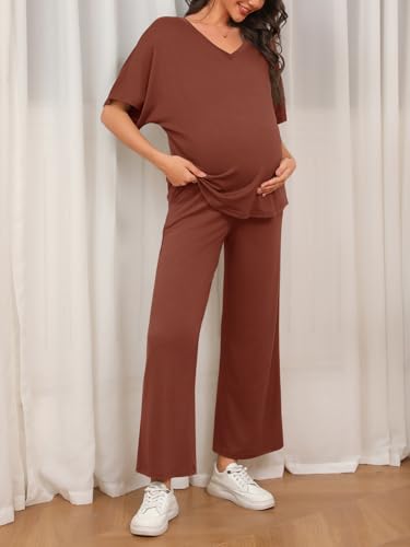 Tankaneo Womens Maternity Pajamas 2 Piece Lounge Set Soft Short Sleeve V Neck T-shirt Cropped Pants Pregnancy Loungewear, Coffee, X-Large — view 2