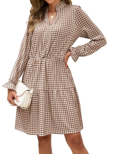 Image of Theenkoln Womens Casual Midi Dress: Short Sleeve V-Neck Empire Waist Gingham Spring Fashion Long Trendy Tiered Formal Dresses
