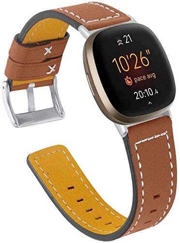Jennyfly Ersatz-Armband aus Leder für Fitbit Versa, schlankes Lederband, verstellbar 14-19,8 cm, für Damen und Herren, kompatibel mit Fitbit Versa/Versa 2/Versa Lite - Braun Cover