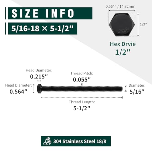 Image of 5 /16-18 x 5-1 /2 inch Hex Head Bolts Black, 304 Stainless Steel 18-8 Hexagon Head Screws Bolts, Black Oxide Finish, Allen Hex Drive, 10 PCS