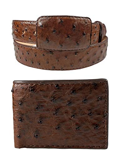 Package Exotic Genuine Ostrich Leather Belt and Wallet Color Brown