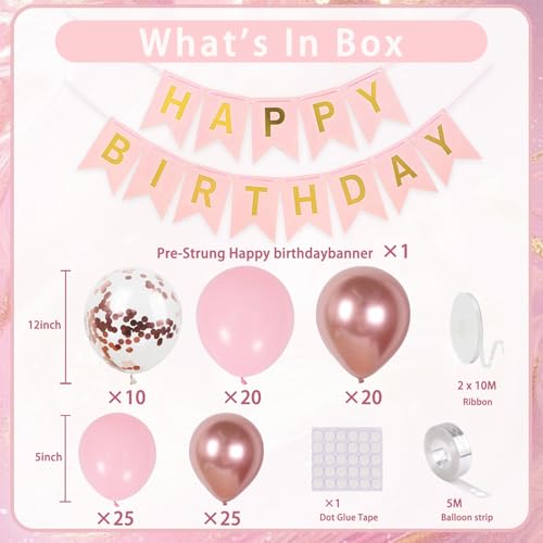 Image of Rose Gold Birthday Balloon Arch Garland Kit, 100Pcs Rose Gold Confetti Balloons, Pre-Strung Happy Birthday Banner, Elegant Party Decor for Women, Girls, Baby, Kids, Adults