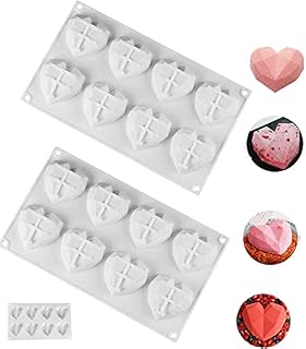 Silicone Mold 3D Diamond Heart Cake Chocolate Mold 2PCS 8-Cavity Cherry Shape Cake Mould Baking Pan Mold for Cake Mousse Dessert Ice Cream Jelly Soap DIY Tools