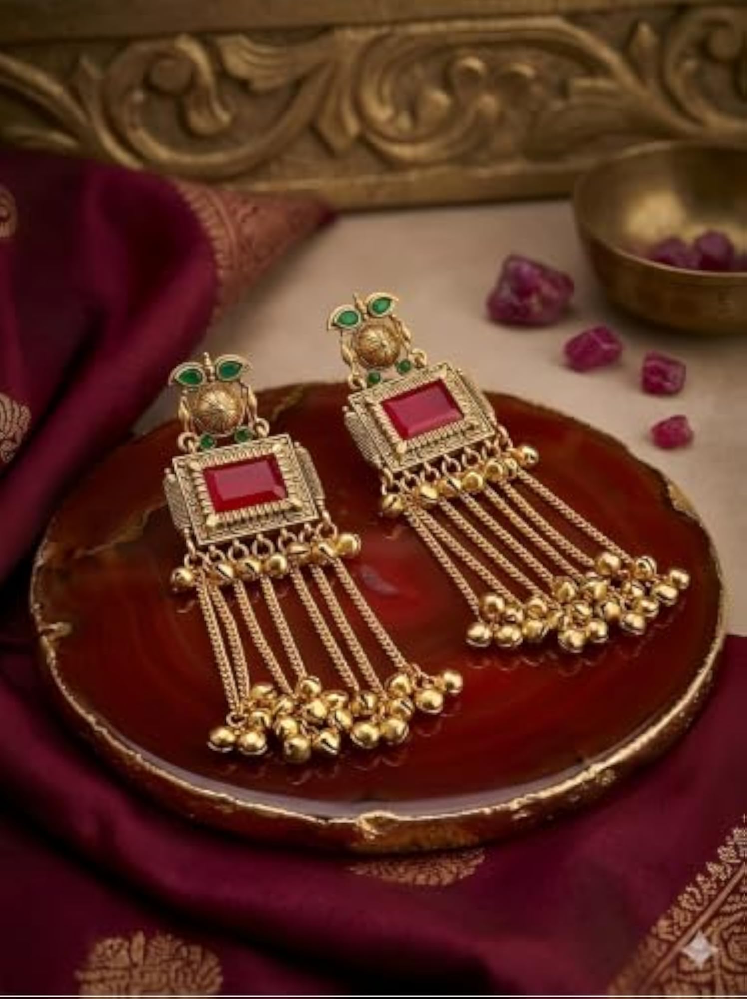 Gold-Plated Traditional Long Chain Ghungroo Earrings for Women, Kashmiri Style