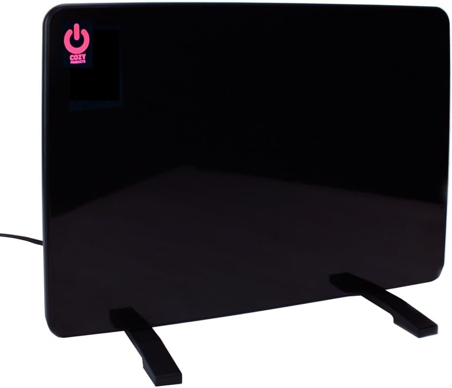 cozy products new and improved cozy legs, flat panel space heater for home and office, portable heater with built-in thermostat, 200-watt, energy-efficient, 19" x 13" x 5/8", 5 lbs., black