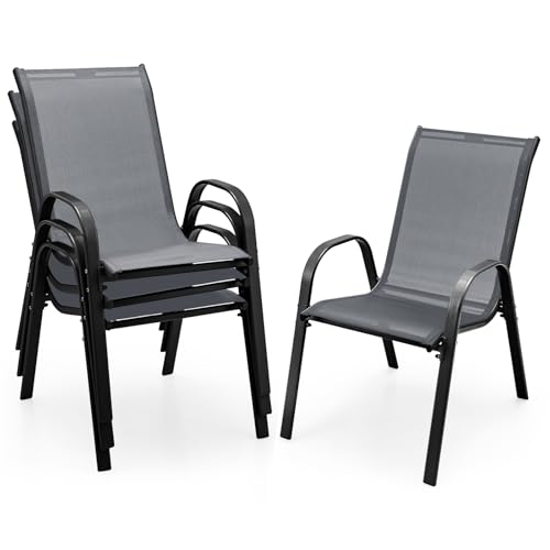 Image of Giantex Patio Chairs Set of 4, Stackable Outdoor Dining Chairs with Breathable & Quick-Dry Fabric & Armrests for All Weather, Lawn, Backyard, Poolside,Porch, Deck, 330 LBS Capacity (Grey)