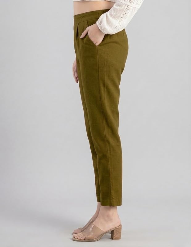 Image of Solid Cotton Woman Trousers Pants Regular Fit Kurti Pant with Drawstring Daily Office Formal Casual Use