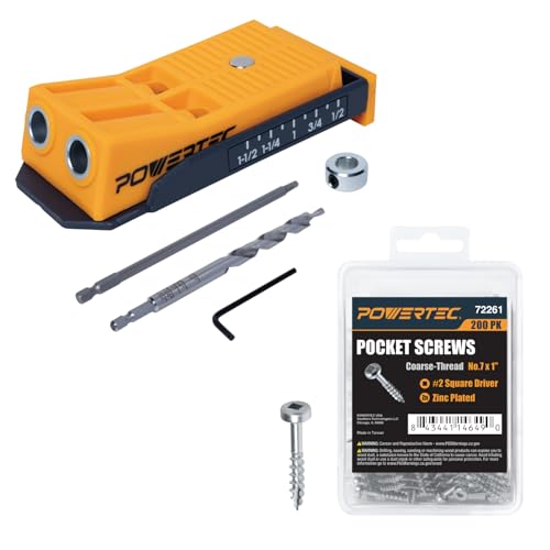Image of POWERTEC 72495 Twin Pocket Hole Jig Kit for Woodworking - Pocket Hole Screw Jig w /Drill Bit, Driver Bit, Hex Key, Stop Collar & 200 PK Pocket Hole Screws, Pan-Head, #2 Square Drive, 1 inch Coarse Thread