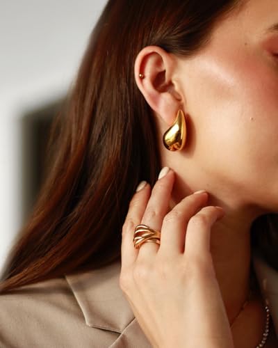 Small Teardrop Gold Chunky Earrings for Women,Thick Gold Plated Hoop Hypoallergenic Water Drop Earring Dupes for Women 18MM