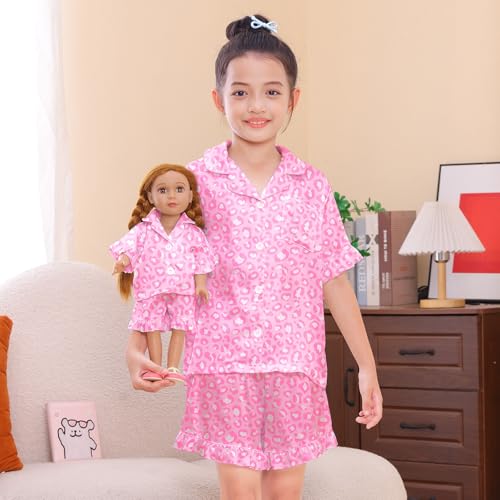 ICOSY Matching Doll & Girls Pajamas Silk Kids Pjs 2 PCS Satin Button-Down Top and Shorts for American 18" Doll Girl Clothes2