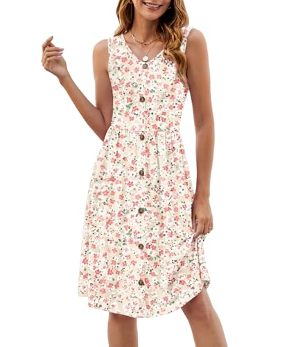 Image of KUOTAI Womens Summer Dresses Sleeveless Casual Loose Swing Button Down Midi Dress V-Neck Flowy A-Line Sundress