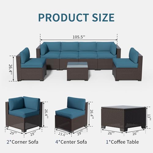 Image of 7 Piece Patio Furniture Set, Wicker Patio Conversation Sets, Outdoor Sectional Furniture with Tempered Glass Table, for Backyard, Deck, Garden, Dark Brown Rattan & Peacock Blue Cushions
